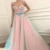 chic bow a line crystal prom dresses spaghetti straps sleeveless 3d flower appliques beaded party evening dress robe de mari%c3%a9e