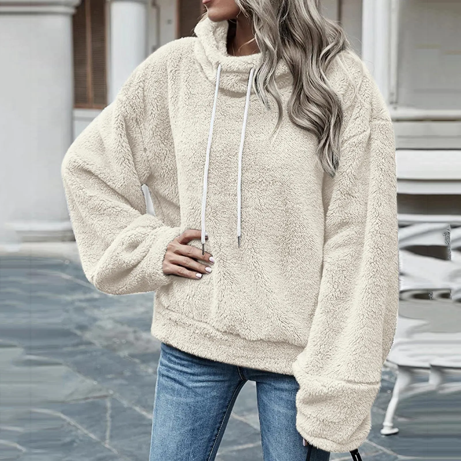 

Женская флисовая толстовка с капюшоном, однотонный пуловер оверсайз с длинными рукавами, одежда в Корейском стиле, флисовая одежда, осенне-зимняя одежда