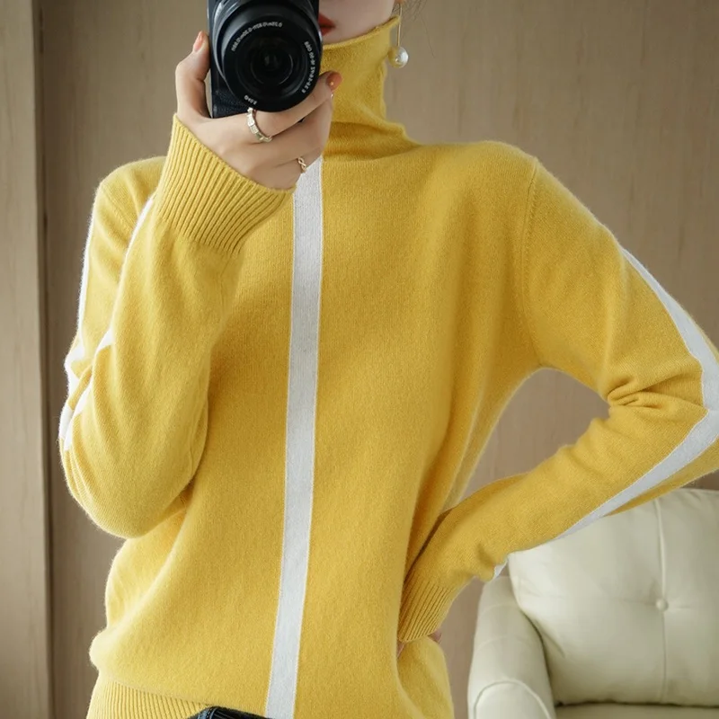 

Autumn and Winter New Style Pure Cashmere Sweater Women's High-neck Color-blocking Sweater Loose Wild Wool Knitted Sweater Warm