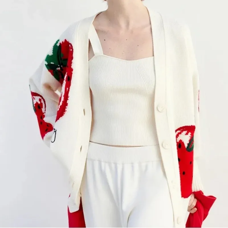 

Strawberry Jacquard Women Knit Cardigan 2022 Spring new Loose Single Breasted V-neck Coat Long Sleeve Ladies Sweater
