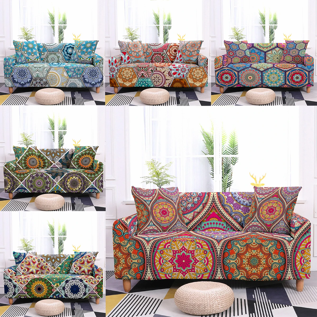 

Mandala Stretch Sofa Cover Spandex Cloth Couch Cover Elastic All-inclusive Sectional Sofa Slipcover For All Sofas 1/2/3/4-seater