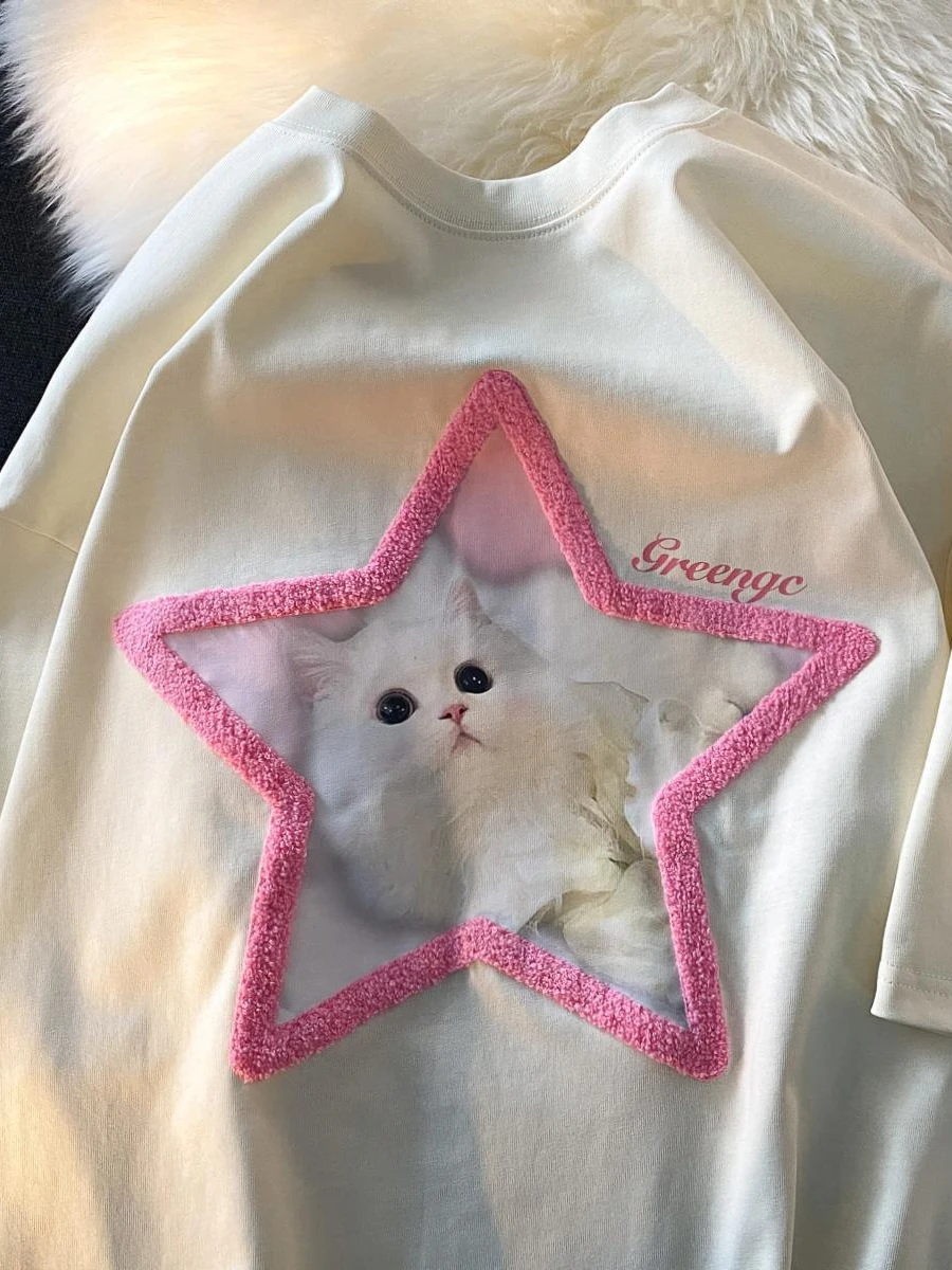 

Футболка женская с графической вышивкой, милый топ с принтом кошки в стиле Харадзюку, Повседневная в эстетическом стиле, Kpop, Y2k, на лето