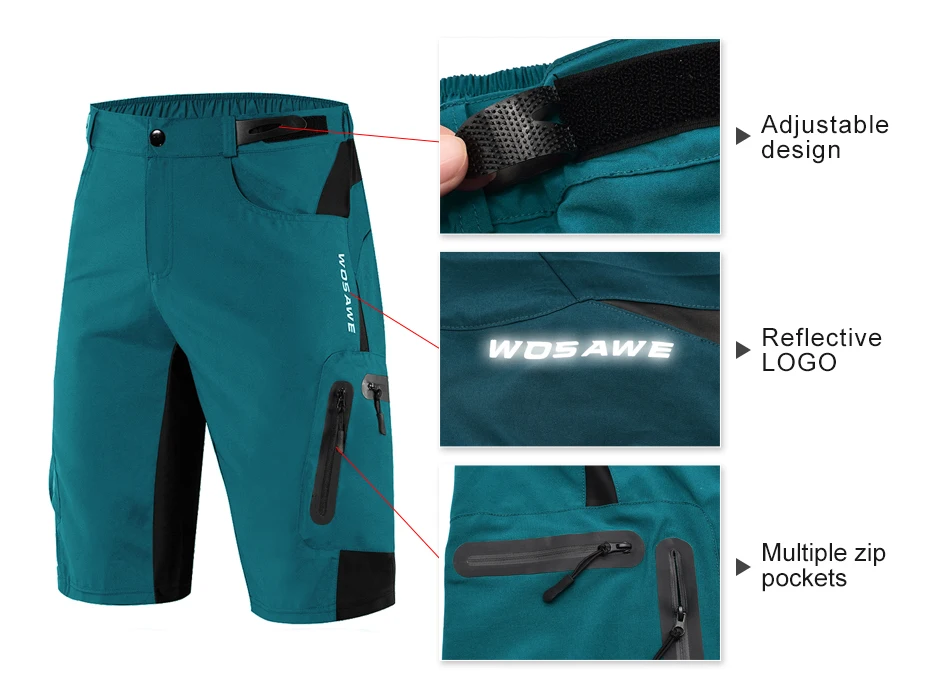 WOSAWE Men Padded Baggy Cycling Shorts Reflective MTB Mountain Bike Bicycle Riding Trousers Water Resistant Loose Fit Shorts