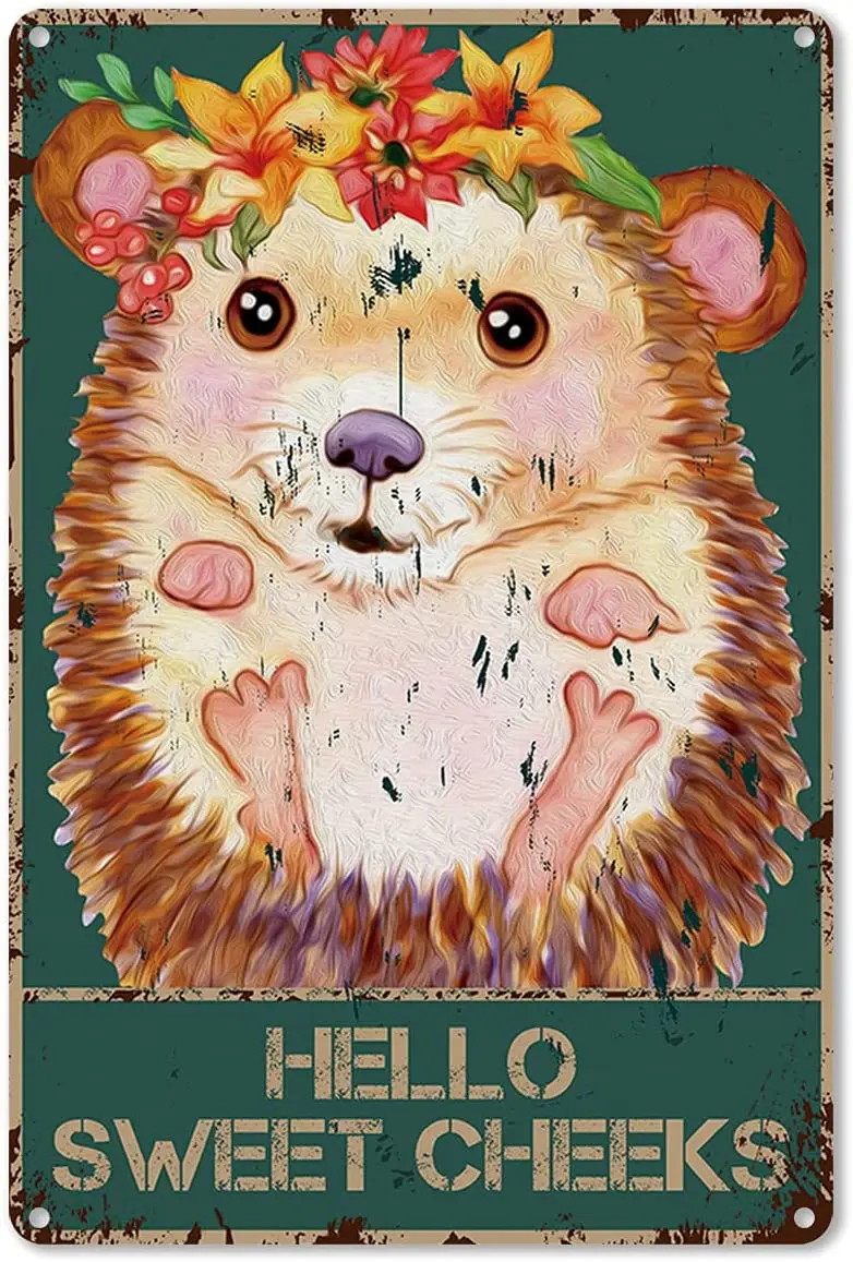 

Metal Tin Sign Wall Decor - Vintage Hello Sweet Cheeks Hedgehog with Flowers