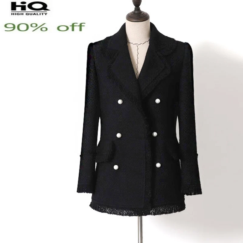 

tweed Black/white Ladies small fragrant wind braided tassels women's Double-breasted pearl buckle suit jacket