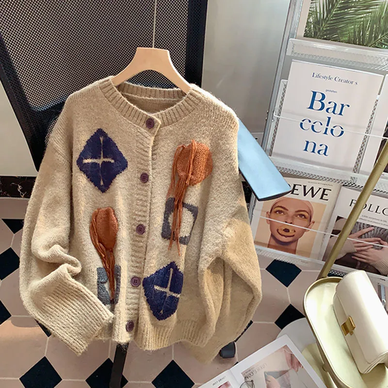 

LQ_SONGYI High Quality Vintage Knitted Cardigan 2022 Autumn Winter Sweaters Coats Long Sleeve Brown Short Sweater Jackets