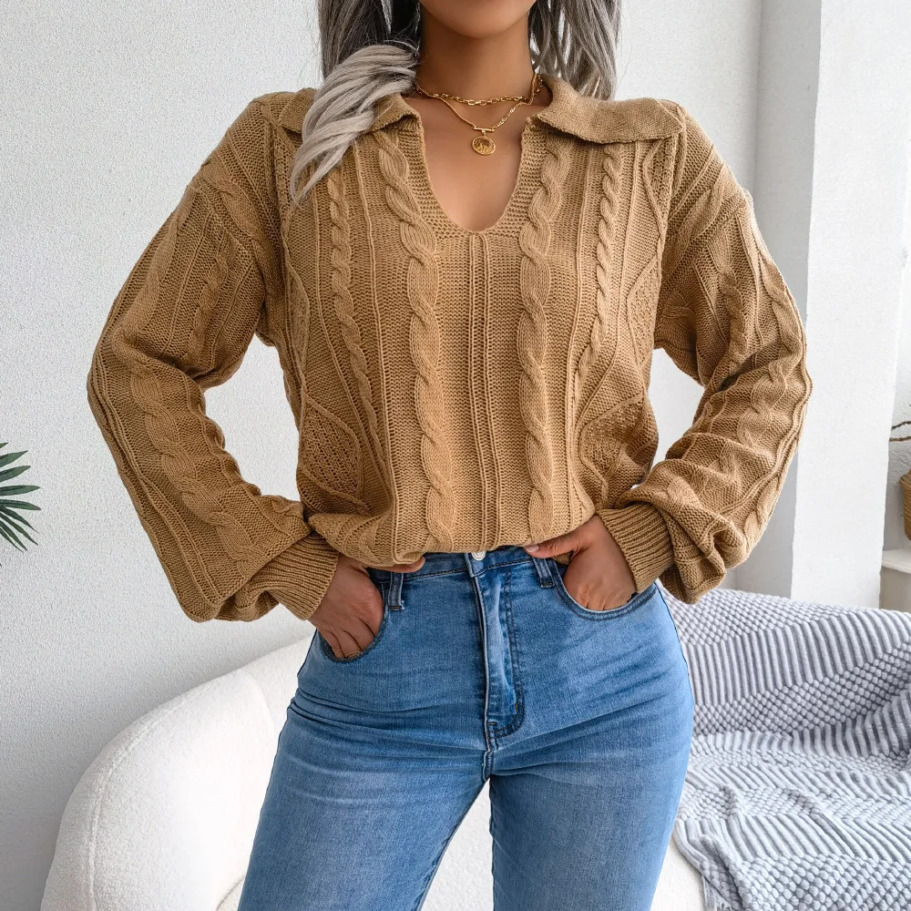 

Korean Style Clothes Women 2023 Turn-down Collar Lantern Sleeve Knitted Sweater Pullover Autumn Winter Knitwear Tops for Women