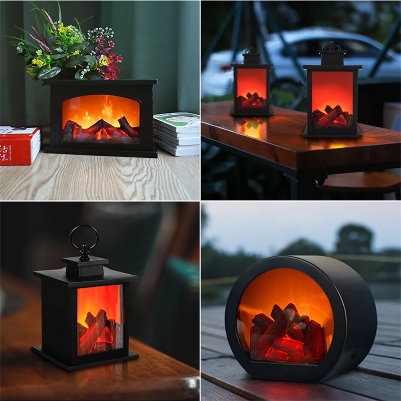 LED Flame Lantern Lamps Simulation Flame Fireplace Lantern USB/Battery Powered Flameless Lamp For Courtyard Living Room Decor