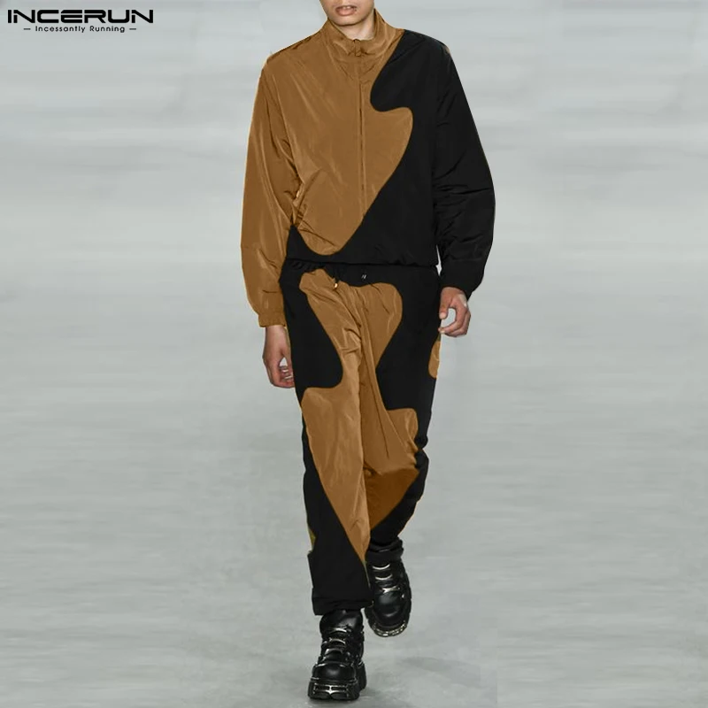 

INCERUN 2023, мужские комплекты в американском стиле, куртка на молнии с контрастными цветами, брюки, повседневные мужские комплекты из двух предметов