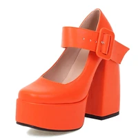 square toe chunky heels platform pumps high heels mary janes ladies buckle strap dress wedding party fashion shoes white orange