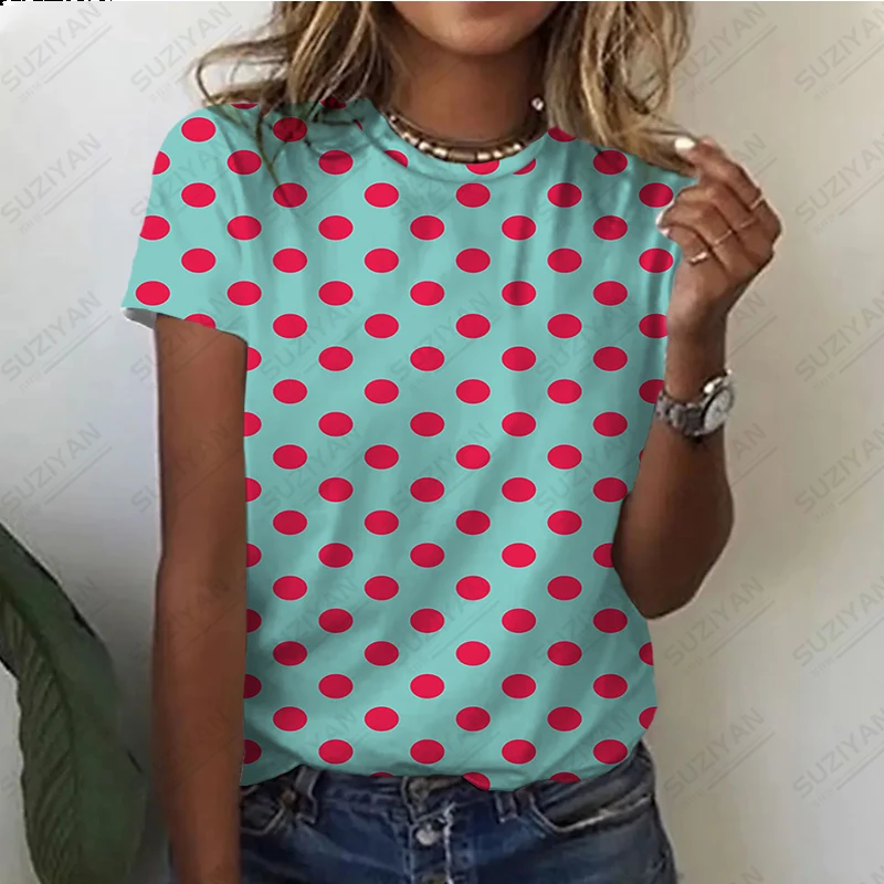 

2023 Women's Summer New Fashion Colorful Dots 3D Printed Short Sleeve T-shirt Women's Round Neck Pullover Casual Commuter Top