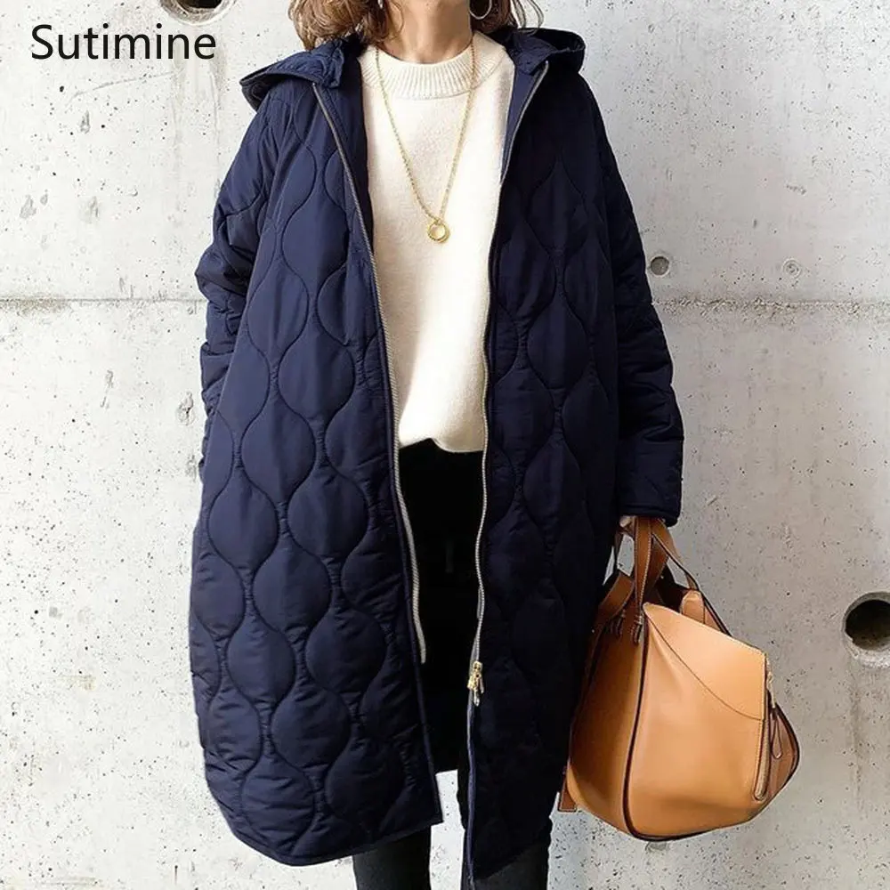 Black Winter Coat for Women Office Lady New Asymmetric Diamond Plaid Cotton Coat Hooded Comfortable and Casual Coat for Women