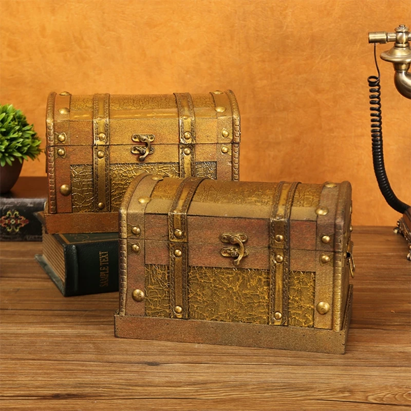 

Винтажный органайзер, коробка для украшений, искусственное драгоценное украшение, античный ретро багажник, Декор, Пиратская безделушка, деревянный сундук для хранения драгоценных камней