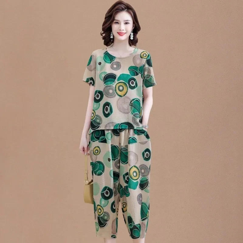 Новые летние комплекты из футболки с коротким рукавом костюм хлопка и льна для