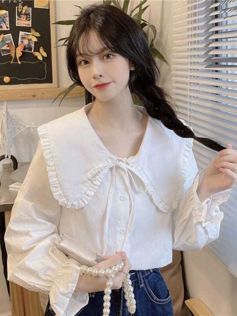 

Блузка с воротником «Питер Пэн», элегантный белый топ на пуговицах, шикарная рубашка в Корейском стиле, модная базовая одежда во французском стиле, на лето