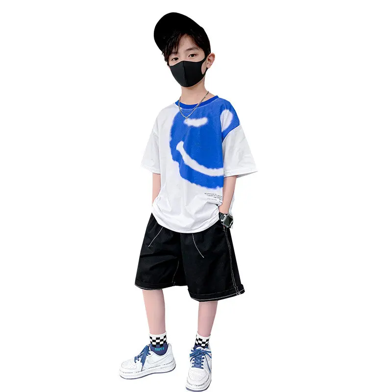 Boys Summer Funny Pattern 2022 New Fashion Teenage Clothes Children Korean Casual Loose Short-Sleeved T Shirt+Shorts 2pcs Outfit