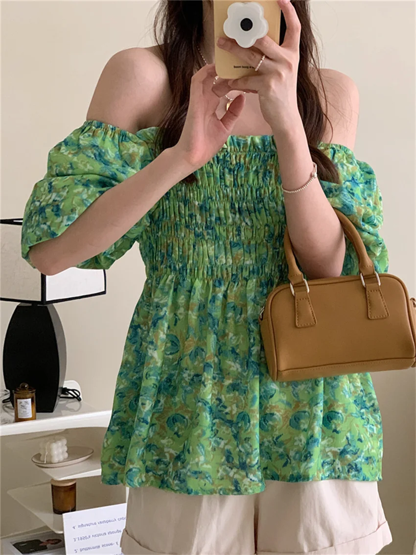 

Alien Kitty Green Square Collar Tops Printed Women Vintage Hot Slim Summer Puff Sleeve Office Lady Loose Chic Sweet Blouses