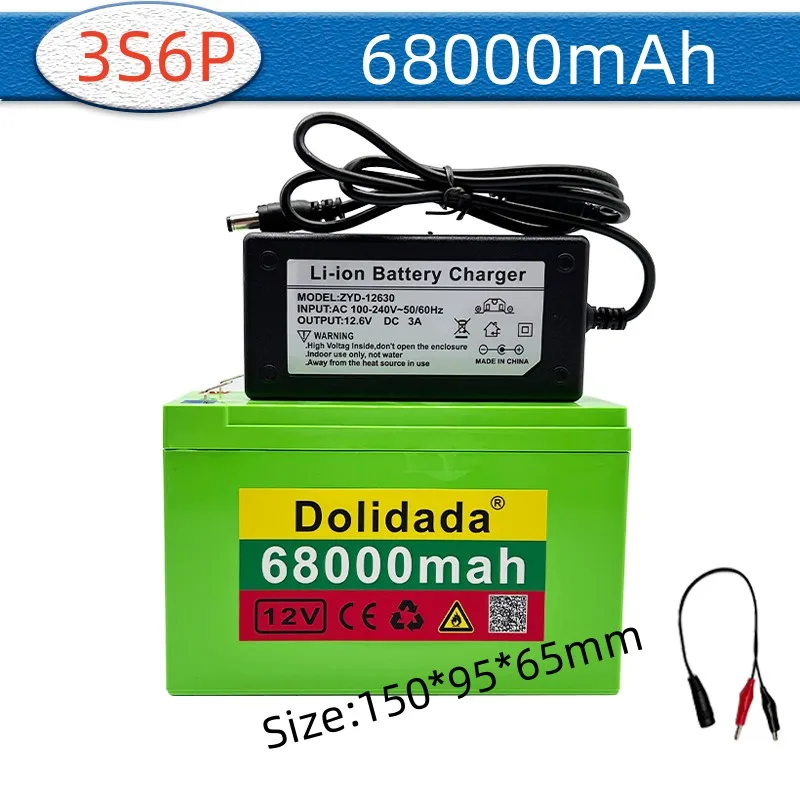 

12V 3S6P 18650 Lithium Battery Pack with Built-in BMS20A 68ah High Current for Sprayer,surveillance Camera,solar,toy Car,charger