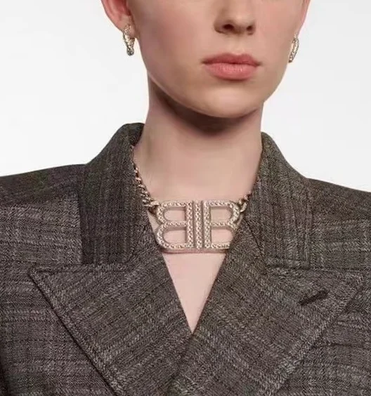 

French Vintage Set Zircon Exaggerated Letter Earring Necklace