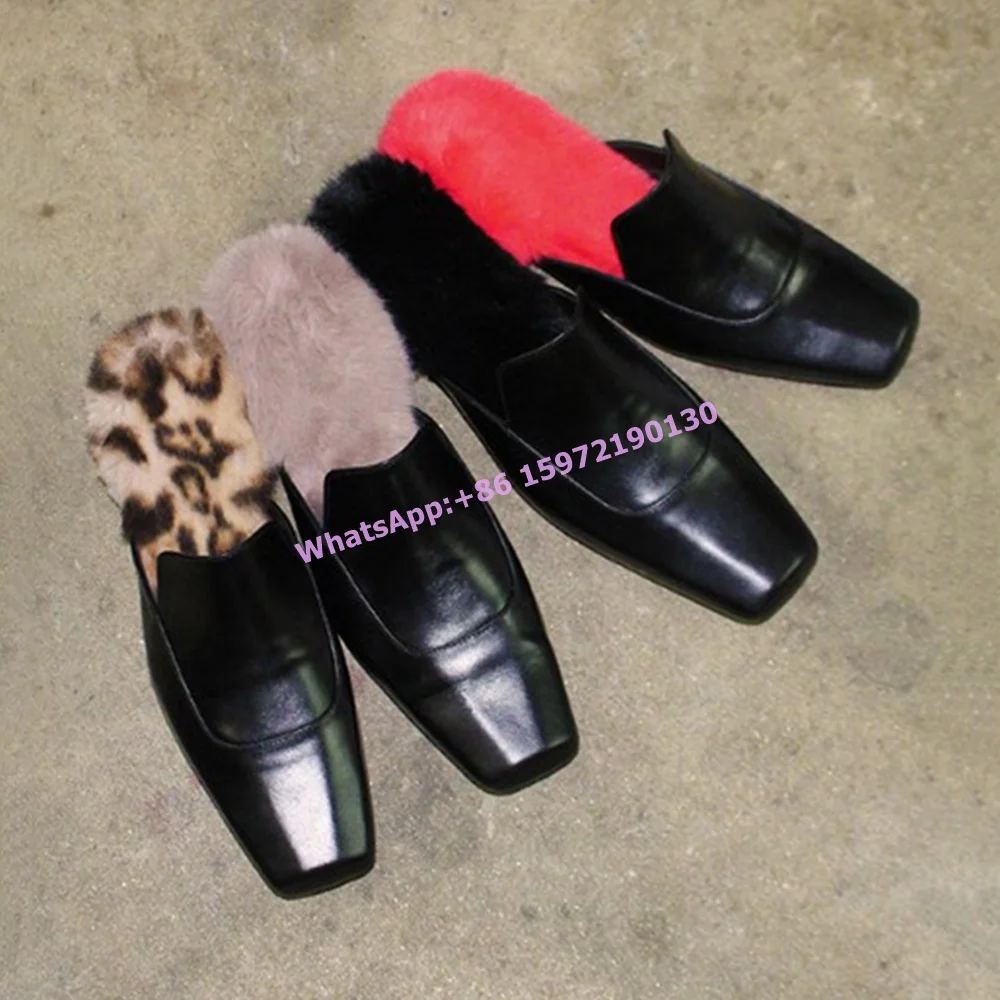 Леопардовые тапочки из кроличьего меха в стиле ретро с квадратным носком