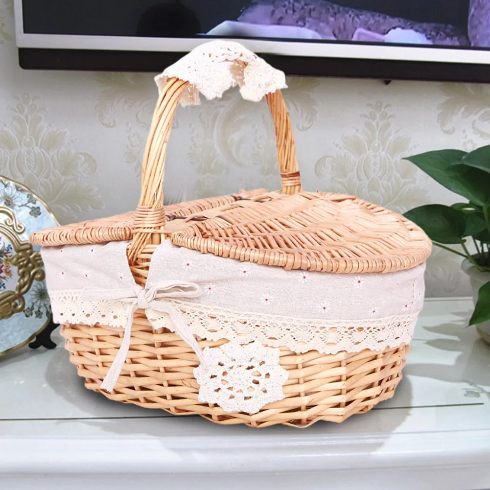 

1pc Wicker Outdoor Food Picnic Basket With Cover Balcony Garden Storage Basket Barbecue Storage Family Gardening Flower Basket