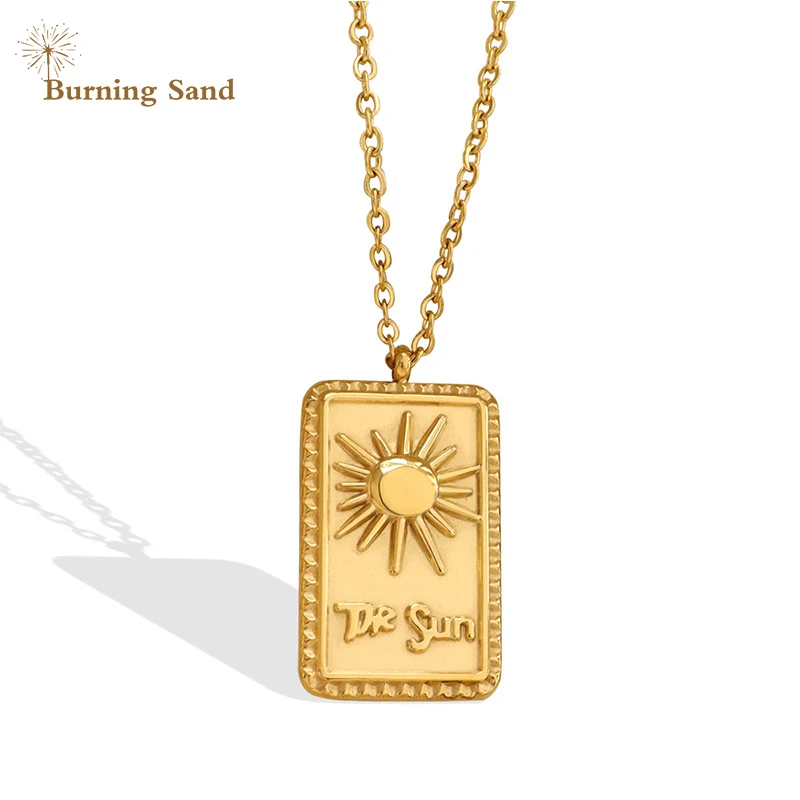 

Real Gold Plated Stainless Steel Flaming Sun Letter Relief Square Pendant Necklace Women's Fashion Hot Selling Personalized