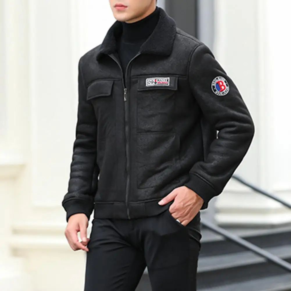 

Popular Men Jacket Long Sleeve Faux Leather Men Overcoat Thicken Ribbed Cuff Outerwear