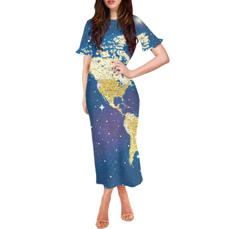 

2023 New Long Dress Fashion Design Sexy Women Floral Printed Maxi Dress Hawaii Polynesian Tribal Print Short Sleeve Clothing