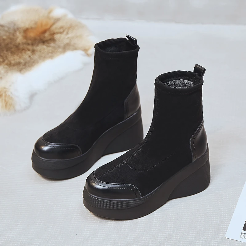 Autumn and winter thick-soled women's shoes fashion round head ankle boots 2022 winter stretch black boots comfortable Botas