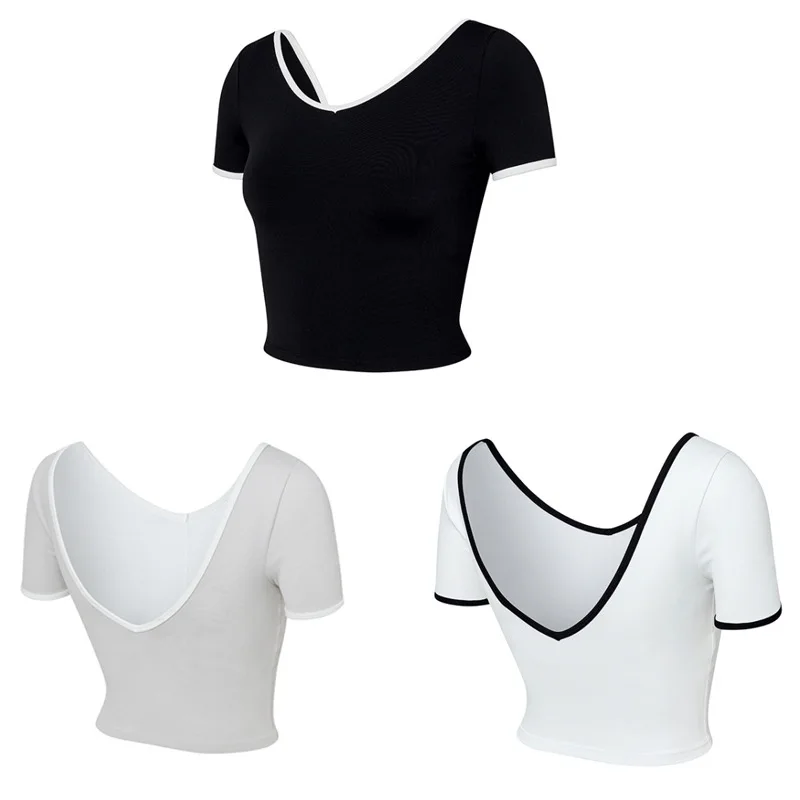 XEXYMIX Yoga Top Women Quick Dry High Elasticity Large Open Back Contrast Sports Fitness T-shirt Pilates Dance Training Clothes