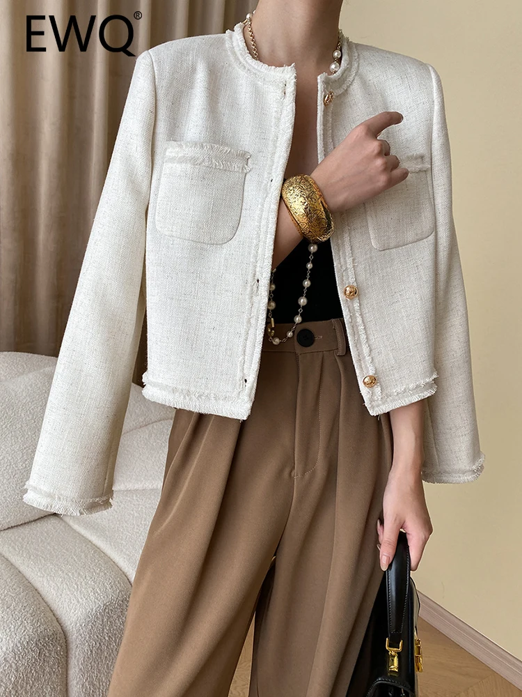 

EWQ Elegant Tassel Design Short Jackets For Women Round Neck Long Sleeve French Coat Female Tops 2023 Autumn New 26D5168