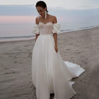 boho beach long train wedding dress for woman sleeveless sweetheart neck simple plain bridal gown vestido de noche 2022 a line