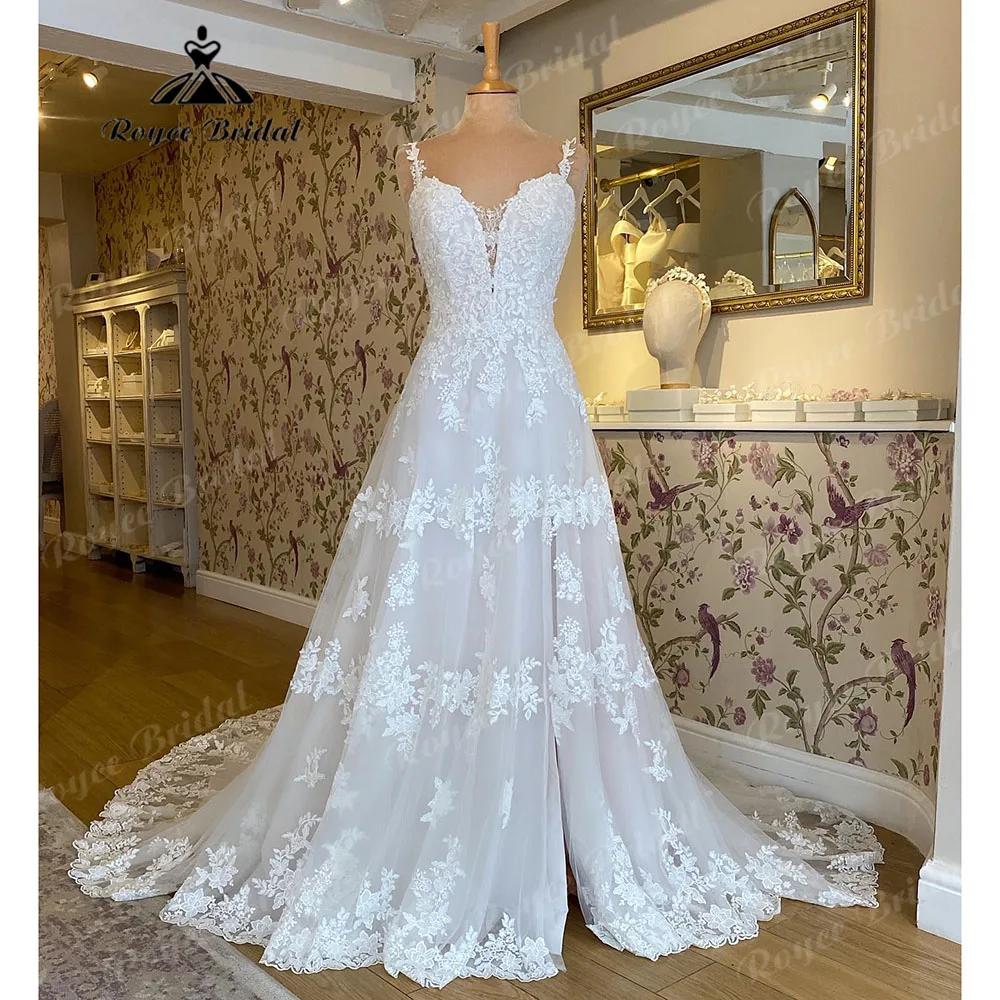 

Generous V Neck Lace Appliques Spaghetti Straps Split Side Civil Wedding Dress 2023 Vestido Novia Bridal Gown Women Roycebridal