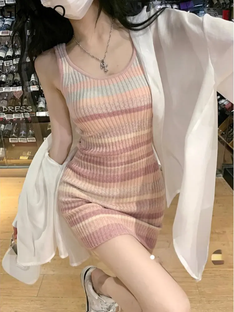

Женское трикотажное платье в полоску, облегающее платье-жилет без рукавов с круглым вырезом и приталенной юбкой, модные корейские женские п...
