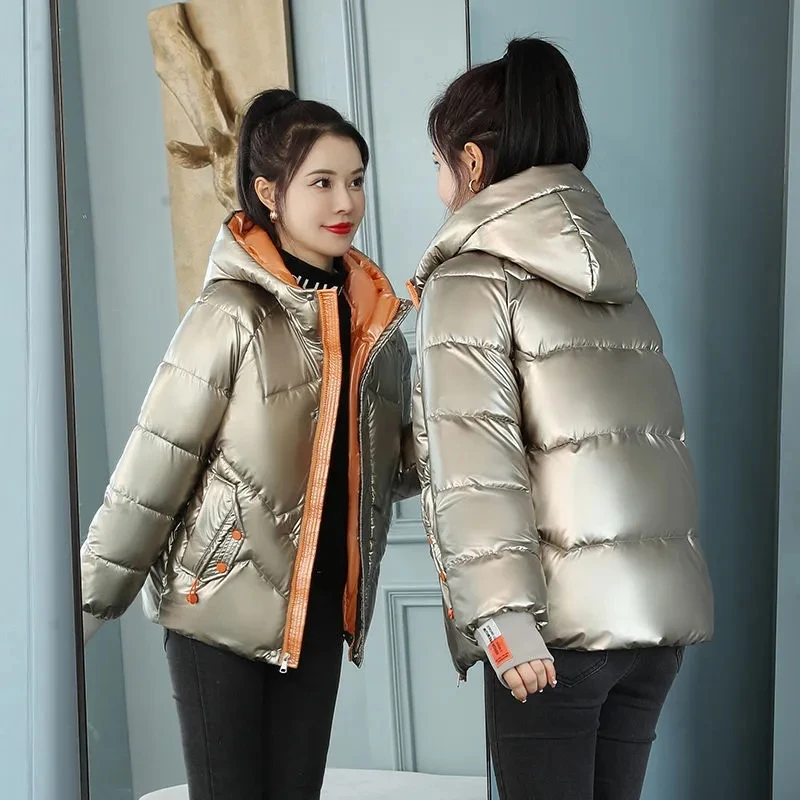 Elegant Snow Wear Windproof Warm Winter Coat Loose Hooded Cotton Padded Thicken Parkas Korean Long Sleeve Glossy Pockets Jacket