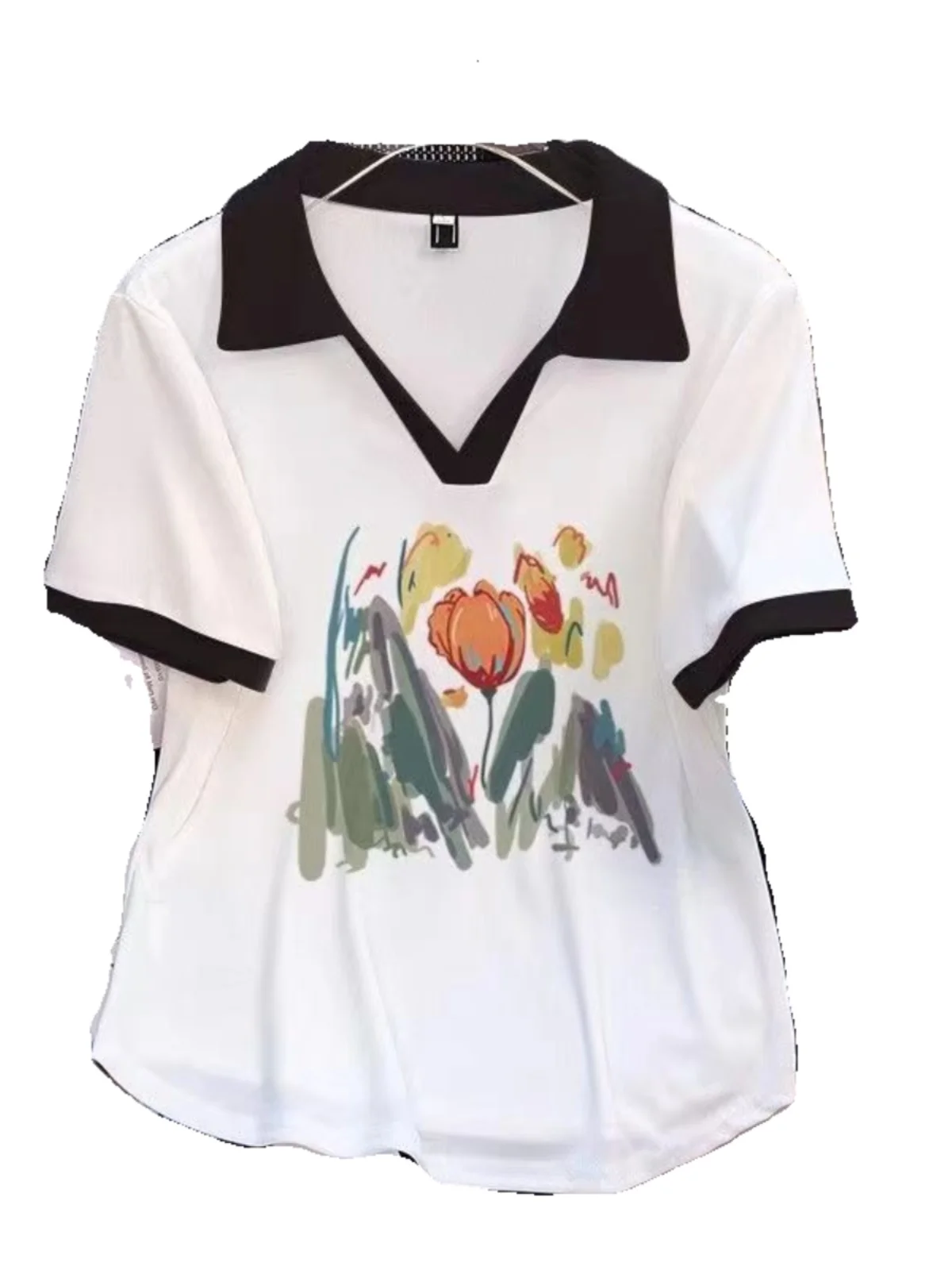 Fat Girl 50.00kg Plus size Contrast Color V-neck Short sleeve T-shirt Women Summer Loose Age Reducing Patchwork Polo Shirt H...