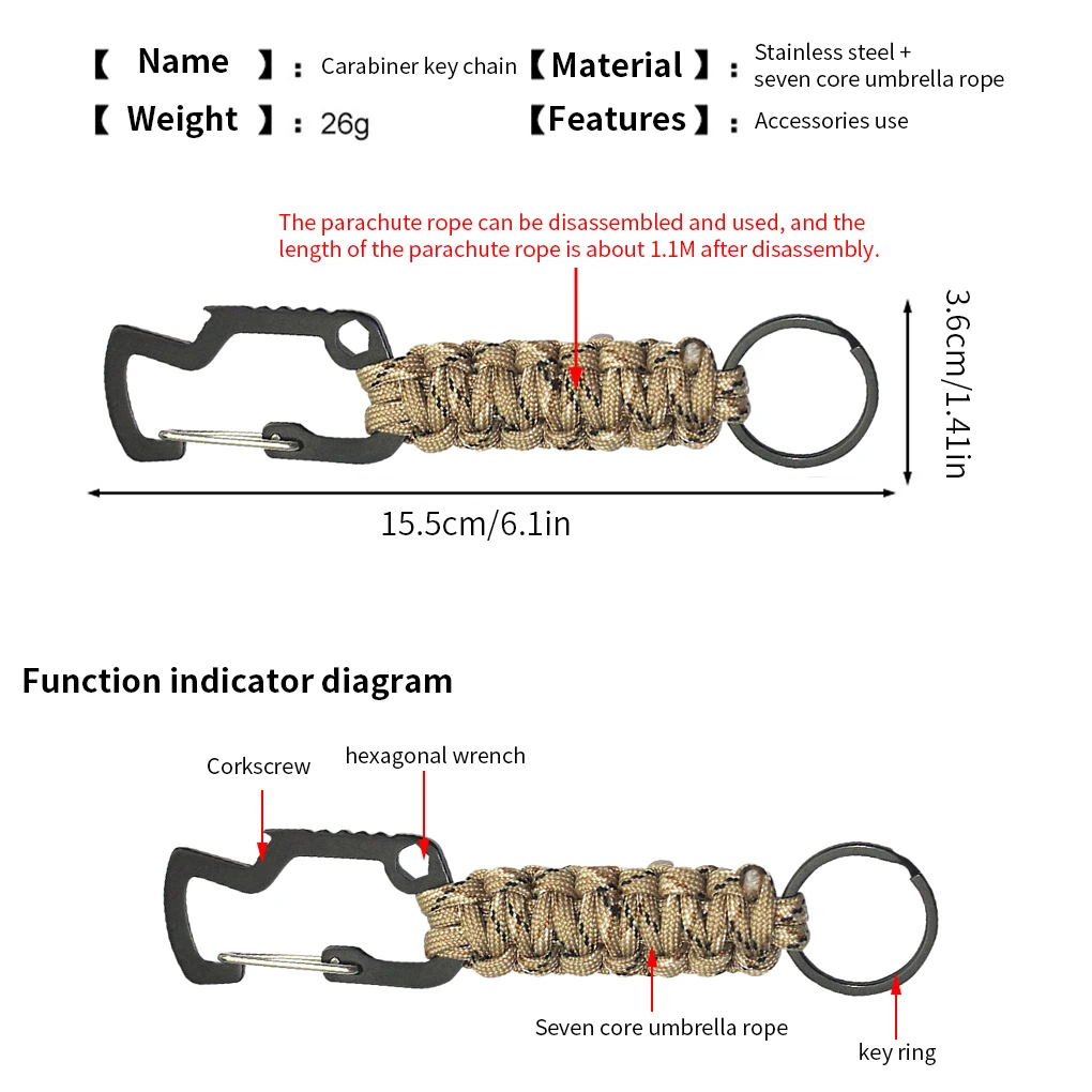 

Stainless Steel Outdoor Keychain Ring Camping Carabiner Military Paracord Cord Rope Camping Survival Kit Emergency Knot Tools