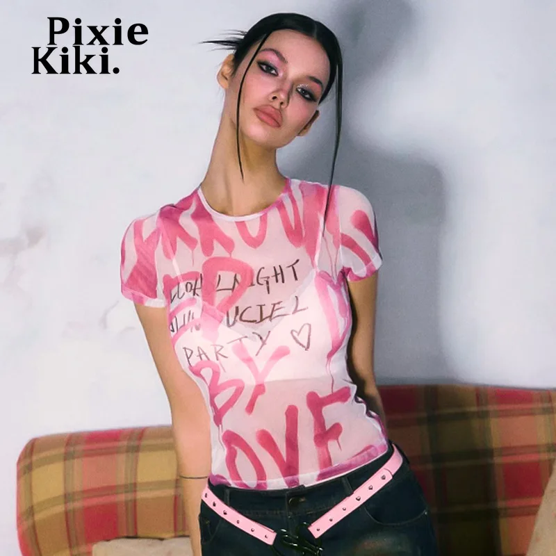 

PixieKiki Y2k Graphic Shirt Pink Letter Printed Mesh Transparent Tops for Women Streetwear Sexy Short Sleeve Baby Tees P85-AF10