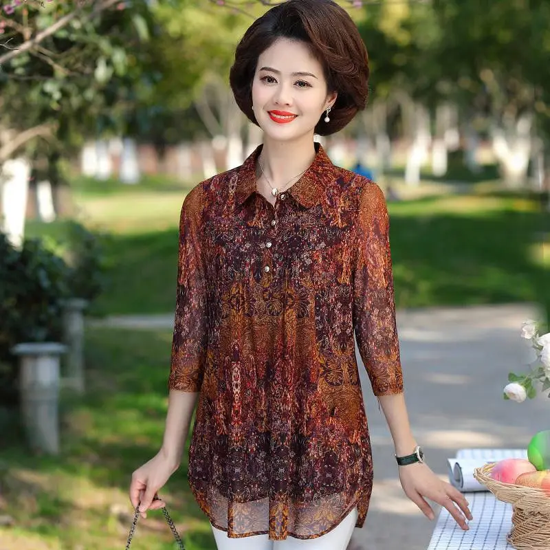 

Chiffon Shirt Women's Clothing 2022 Summer Office Lady 3/4 Sleeve Shirts Vintage Elegant Blouse 4XL Blusas Feminina Tops J411