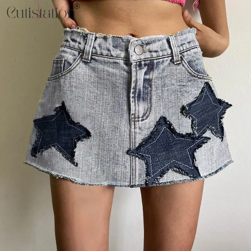 

Cutistation Hot Sexy Star Patchwork y2k Skirts Womens Clothing 2023 Low Rise A-line Mini Denim Skirt Retro Grunge 90s Streetwear