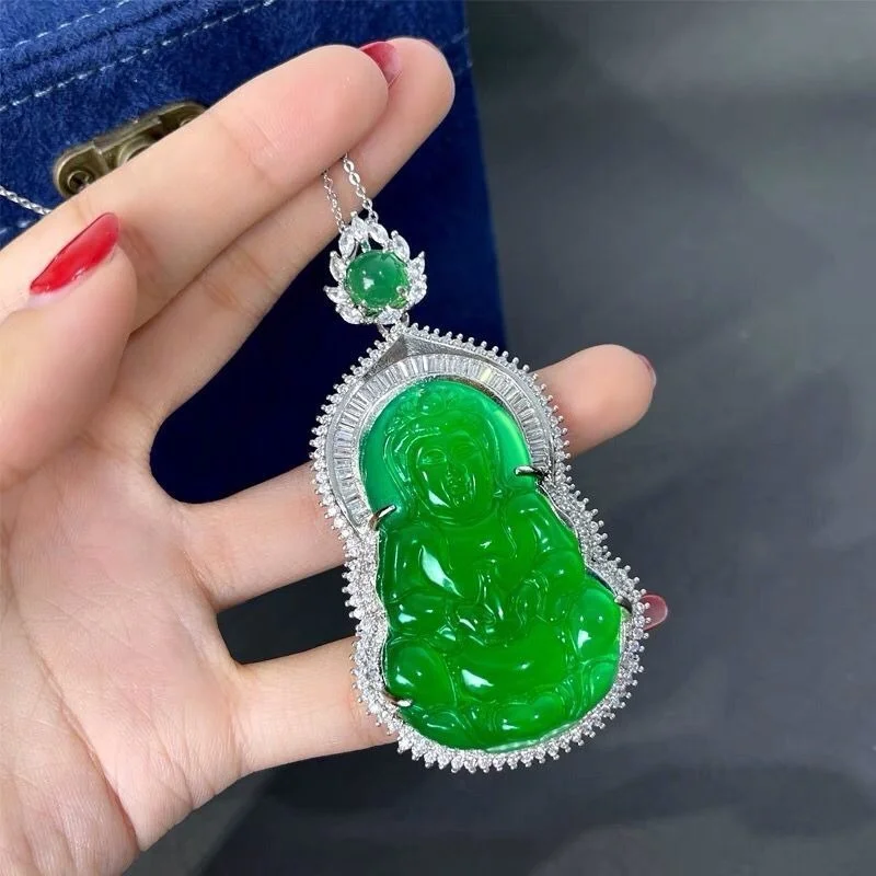 

Natural Agate High Ice Green Chalcedony Guanyin Pendant Men's and Women's Full Diamond Inlaid Jade Necklace Pendant