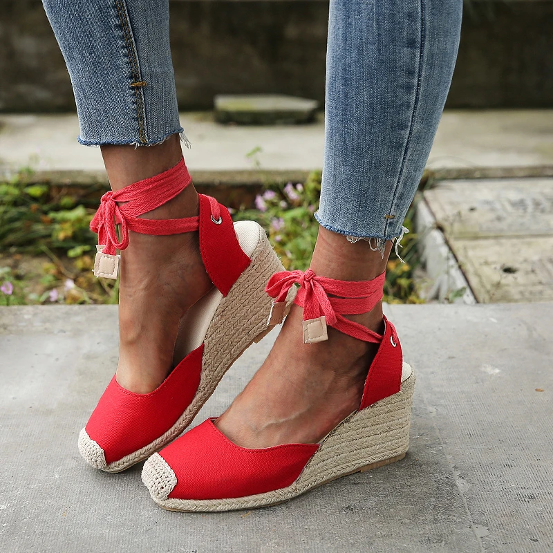 

Women's Sandals Summer New Sandals Women's Large Size Spot Wedge Ankle Lace-up Belt European American High Heel Women's Shoes