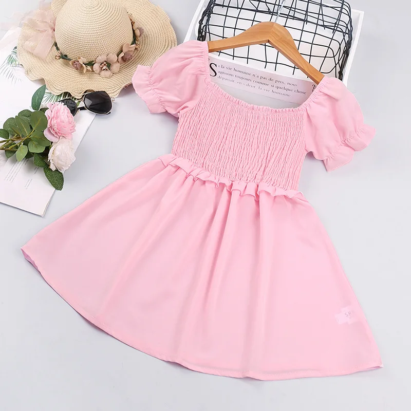 

Summer 2023 New Arrivals Girls Short Sleeve O Neck Ruched Pink Roupa Infantil Menina Cute Party Dress Custume 18M-6T