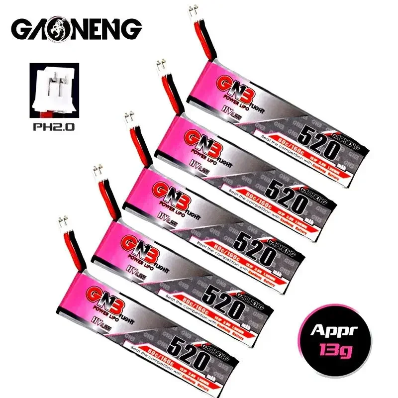 

5PCS Gaoneng GNB 520mAh 3.8V 80C/160C 1S HV 4.35V Lipo Battery With PH2.0 Plug For Tinyhawk Kingkong LDARC TINY7 RC Drone Parts