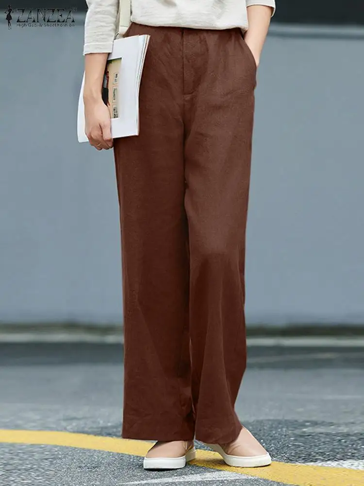 

Модные летние брюки ZANZEA, стильные хлопковые брюки с высокой талией и широкими штанинами, винтажные свободные брюки до щиколотки