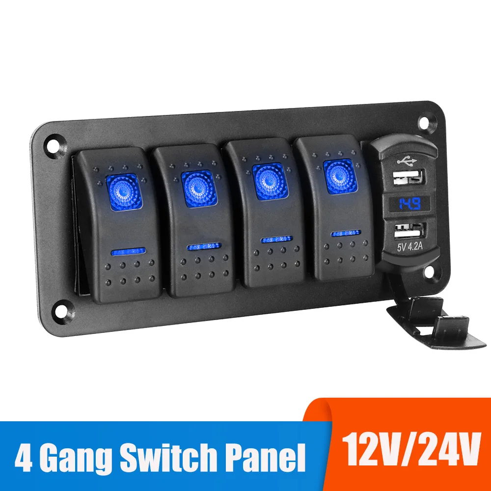 24V 12V 4 Gang Switch Panel Lights Toggle USB Chargers 3.0 Splitter Car Accessories For Marine Boat Truck Trailer ATV RV Caravan