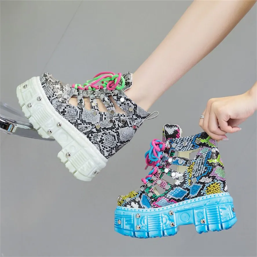 Thick Sole Height Increasing Platform Pumps Women's Snake Pattern Cow Leather Ankle Boots Sandals Wedge High Heels Party Shoe