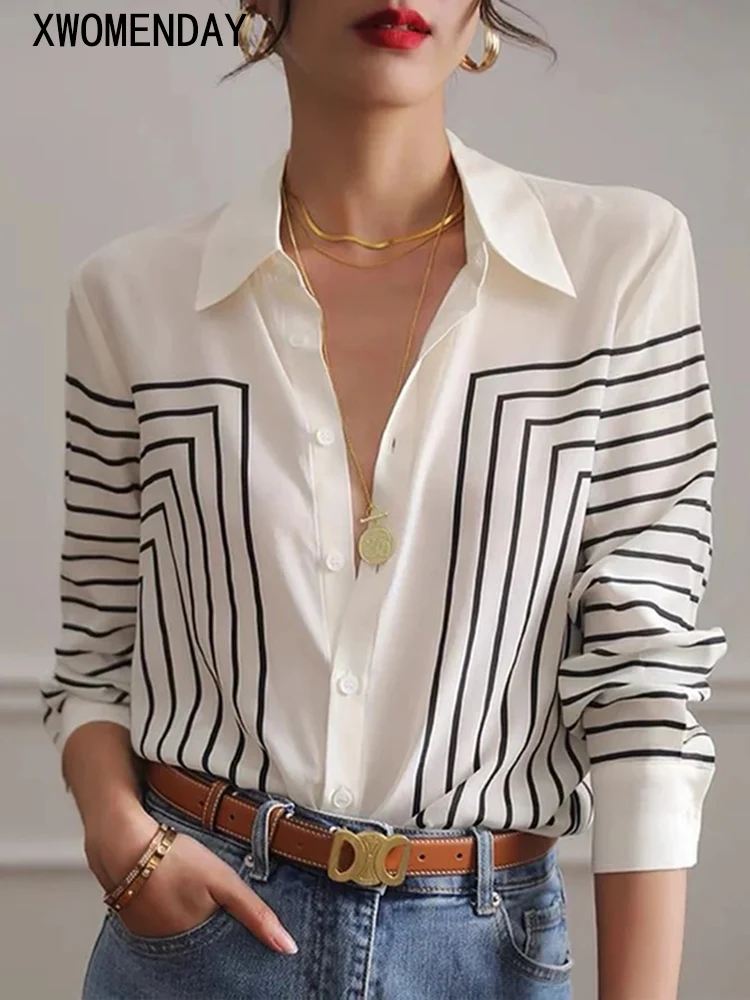 

Elegant Striped Shirts For Women Youth Long Sleeve Blouses Chic White Shirts & Blouses Autumn Women Clothing 2023 New Arrivals