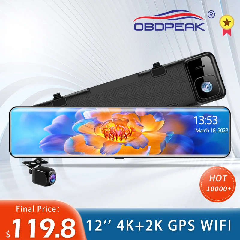 OBDPEAK H8 4K+2K 12 Inch Rear View Mirror Dash Camera 3840*2160P Car Dvr GPS WIFI Video Recording Super Night Vision Dual Lens