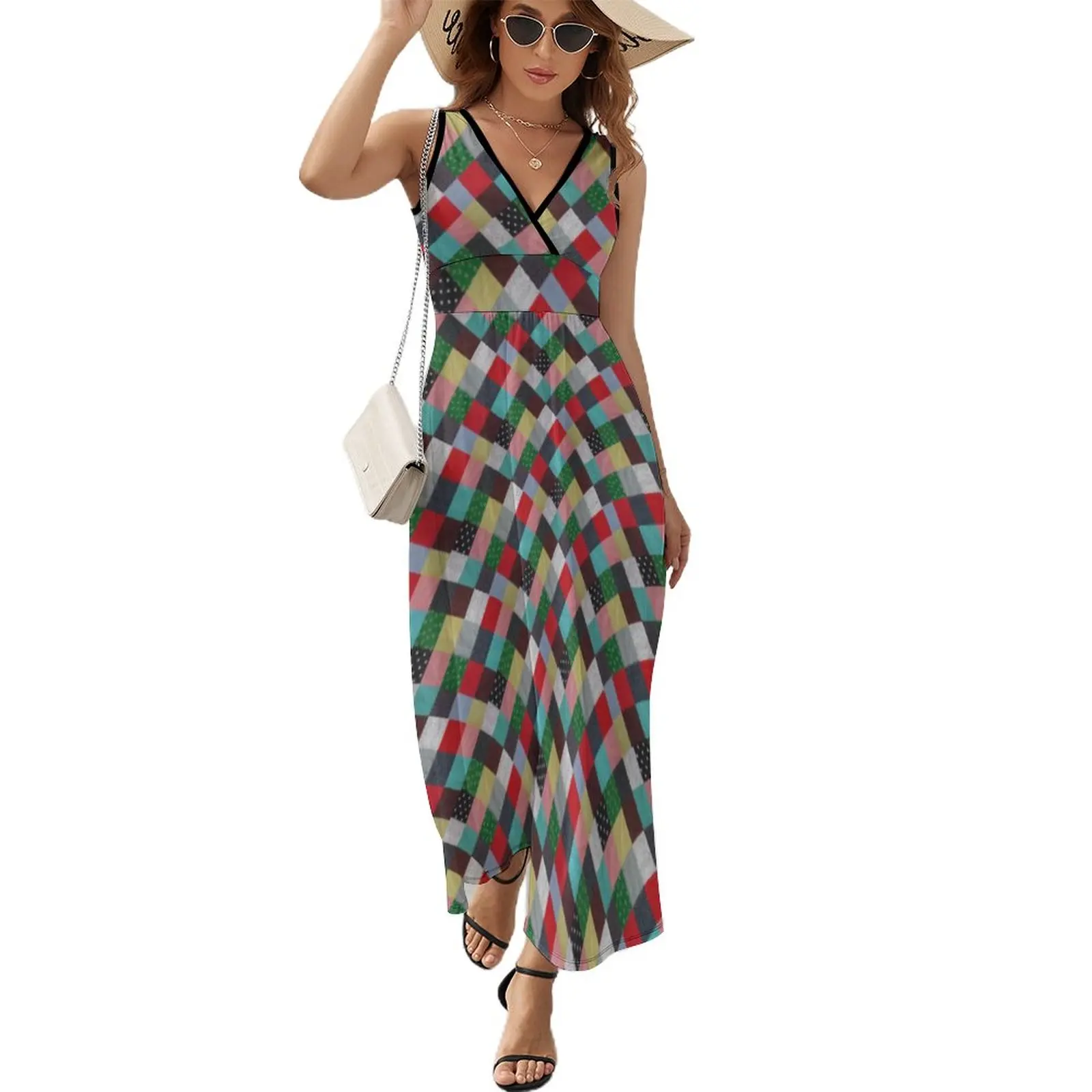 

Fun Patchwork Squares Dress Spring Colorful Vintage Street Style V Neck Boho Beach Long Dresses Lady Print Night Club Maxi Dress